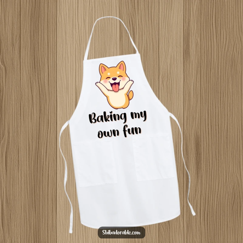 Funny Shiba Inu dog leaping with tongue out, ears flopping joyfully, a humorous and practical kitchen apron.