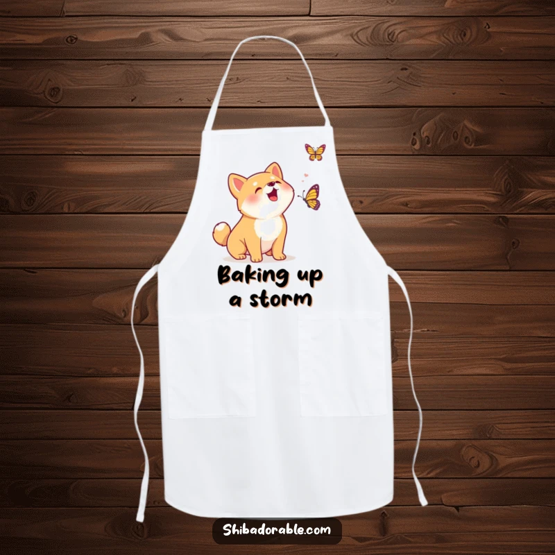 Funny Kawaii Shiba Inu puppy excitedly barking at a butterfly, a humorous apron for the kitchen, celebrating joyful cooking moments.