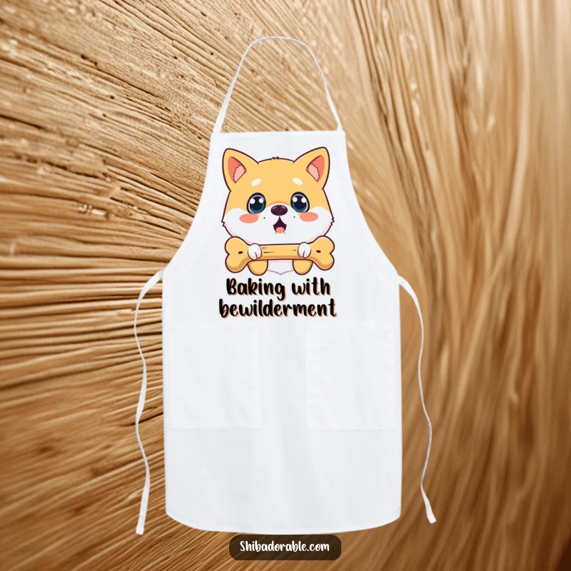 Funny surprised Shiba Inu apron with a wide-eyed dog looking at a floating bone, ideal for a humorous cooking experience.