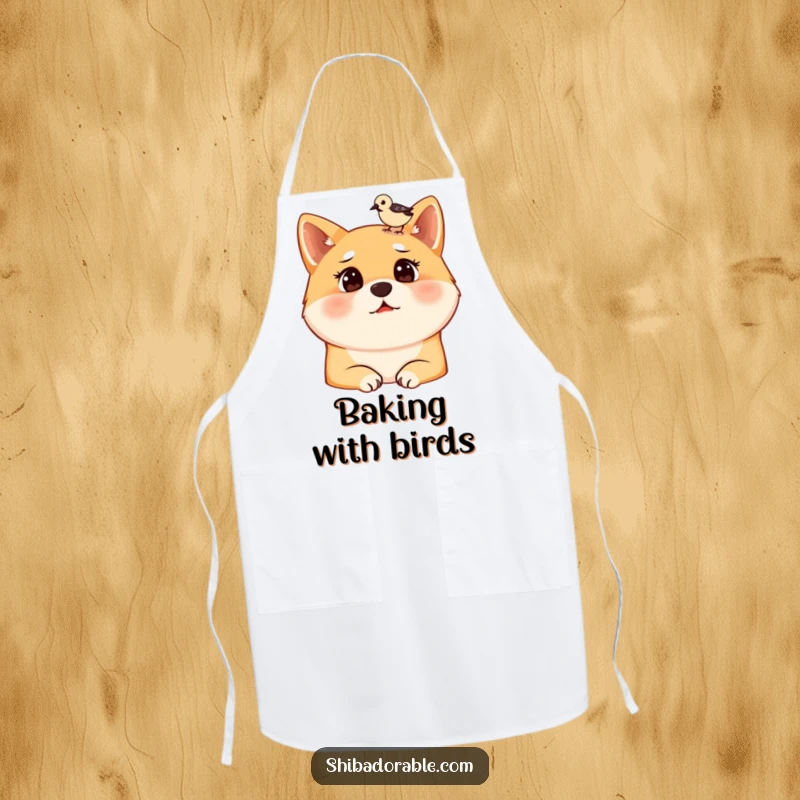 Funny apron for chefs with a surprised Shiba Inu dog and a bird on its head, adding humor to cooking and baking activities.