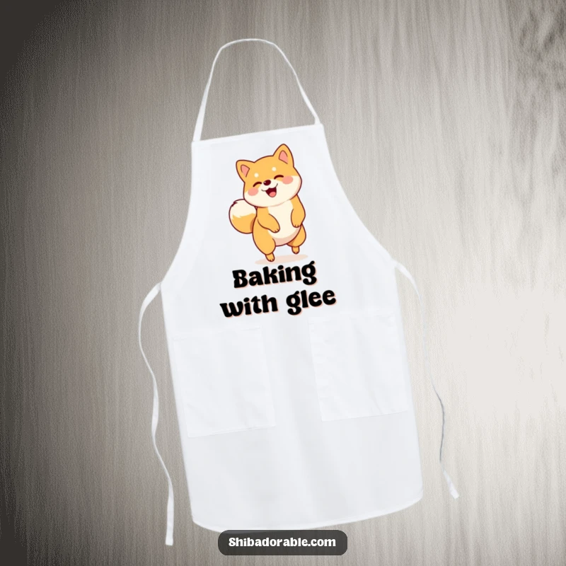 Funny apron featuring a Shiba Inu playfully spinning in a circle with its tail wagging, capturing energetic kitchen fun.