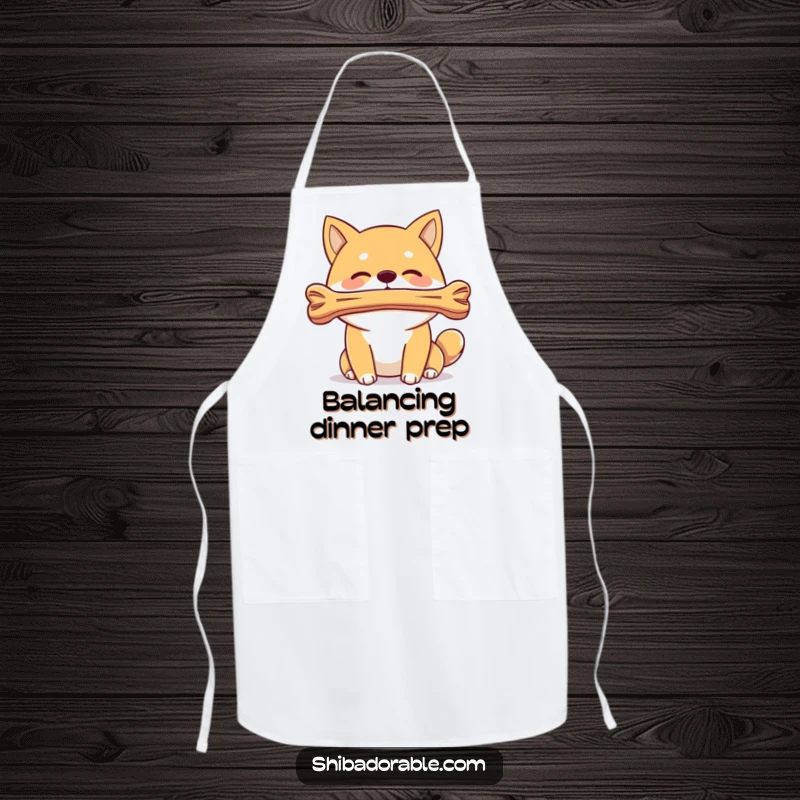 Funny Shiba Inu dog balancing a bone on its nose, featured on a kitchen apron, celebrating focus and culinary humor.