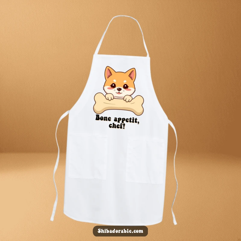 Funny Shiba Inu apron with a floppy-eared dog peeking over a bone, designed for kitchen fun and humor.