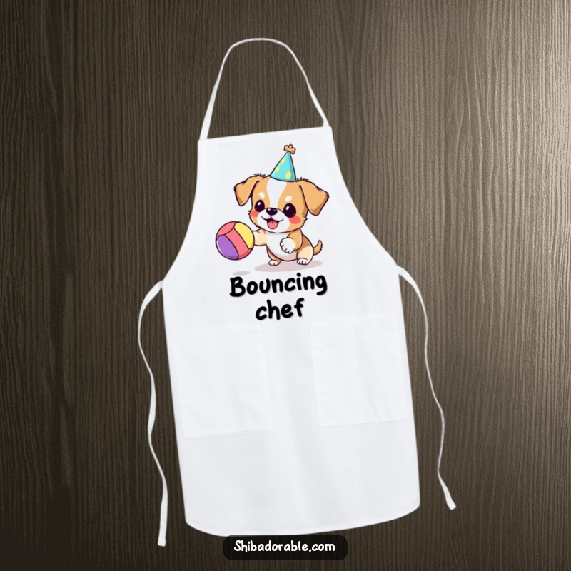 Funny dog apron showcasing a small dog in a party hat, playfully bouncing a colorful ball, adding a touch of fun to cooking.