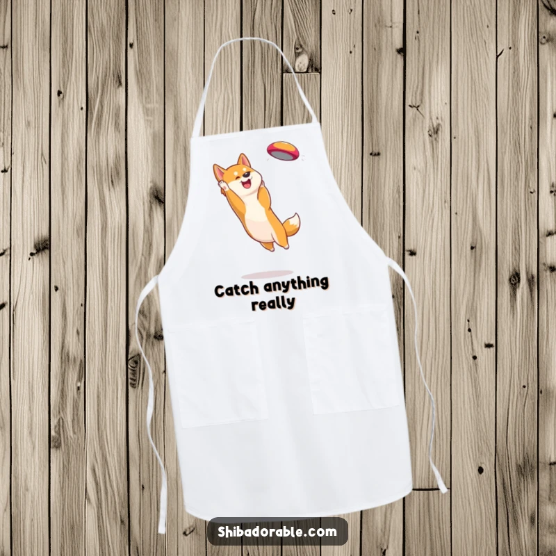Funny Shiba Inu Apron: Durable kitchen wear featuring an active dog leaping to catch a vibrant frisbee with joy.