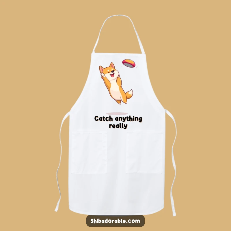Funny Shiba Inu Frisbee Catcher Apron: Playful Dog Kitchen Wear Gift