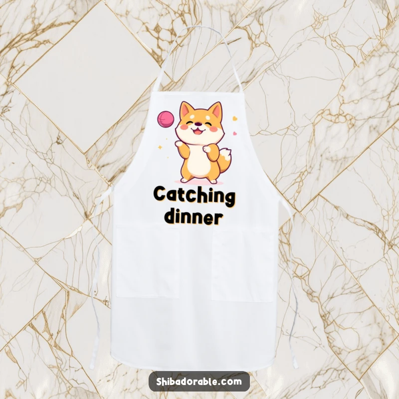 Funny Apron featuring a happy Shiba Inu dog juggling a ball, perfect for a humorous kitchen experience.