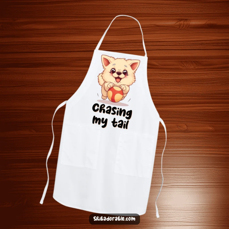 Funny Apron: A fluffy dog with exaggerated big eyes joyfully chasing a bouncing ball, perfect for a fun cooking experience.