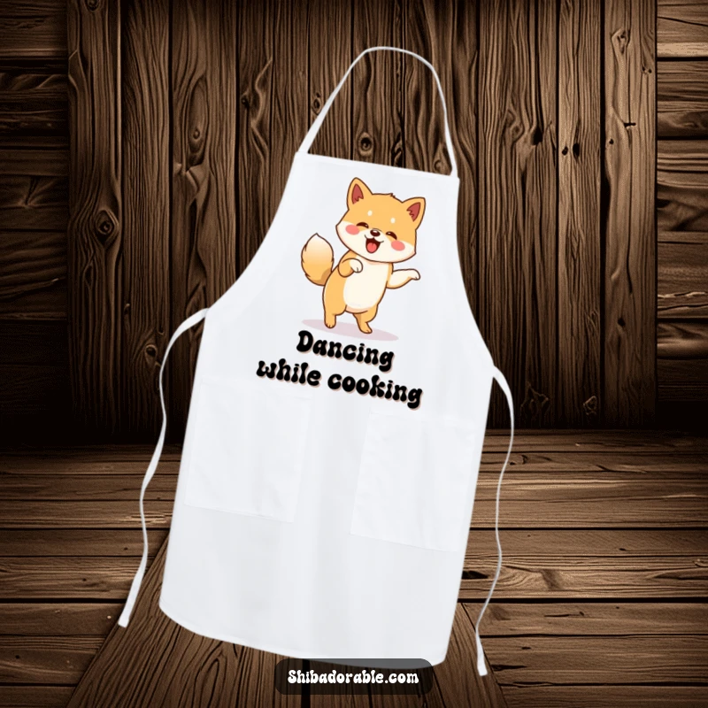 Funny apron showcasing a Shiba Inu doing a lively jig with its tail wagging furiously, bringing energetic fun to kitchen wear.