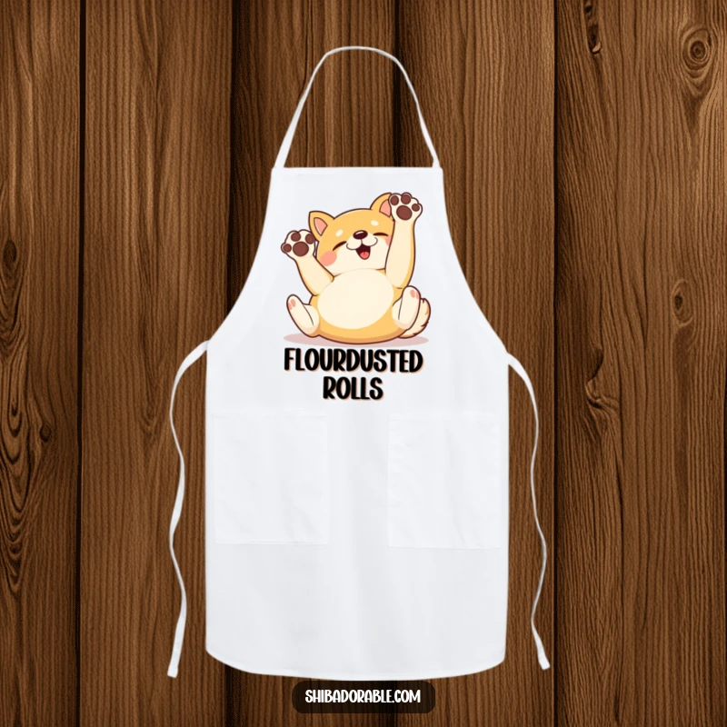 Funny Apron featuring a happy Shiba Inu dog rolling on its back with paws up, perfect for a humorous kitchen experience.