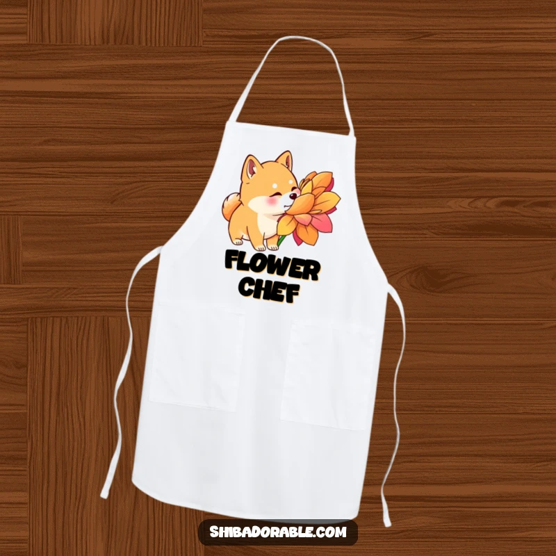 Funny Shiba Inu Apron: A Shiba Inu with perked ears curiously sniffs a giant, colorful flower, ready for culinary exploration.