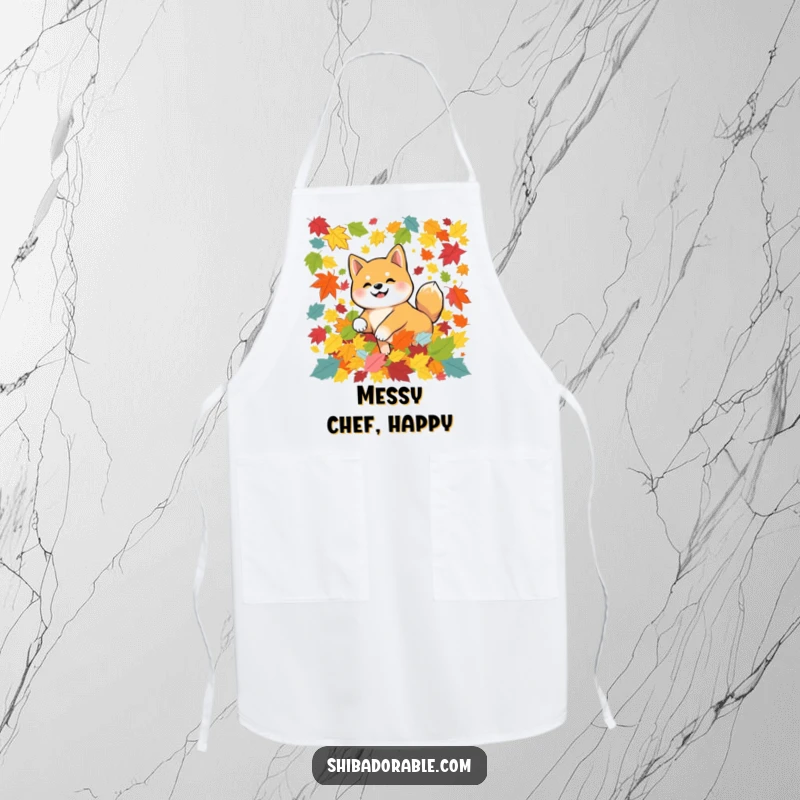 Funny Shiba Inu dog tumbling in colorful autumn leaves, illustrated on a functional apron for humorous and seasonal kitchen adventures.