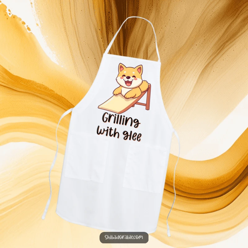 Funny Shiba Inu dog with a big smile sliding down a slide, illustrated on a functional apron for humorous kitchen adventures.