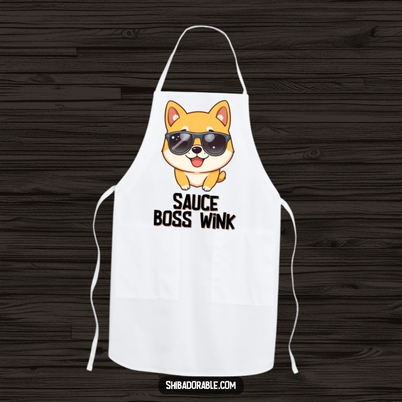 Funny Shiba Inu dog wearing sunglasses and winking, illustrated on a functional apron for humorous and stylish kitchen adventures.