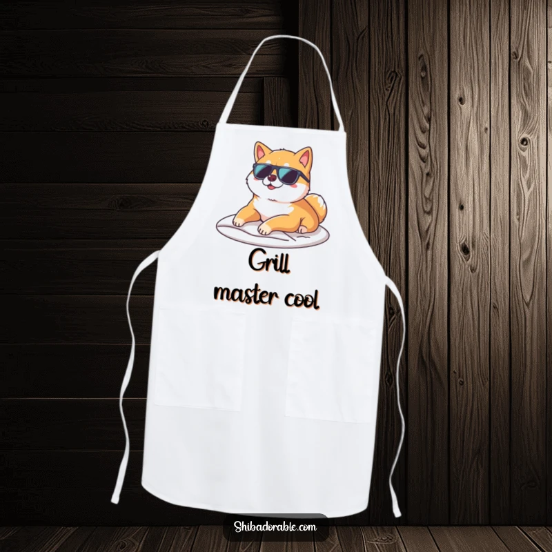 Funny Shiba Inu wearing sunglasses and lounging on a sunbeam on a cooking apron, adding cool humor to meal prep.