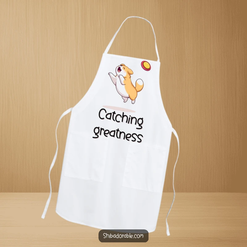 Funny dog apron design showing a plump dog executing a spectacular frisbee catch mid-air, adding a dash of humor to cooking.