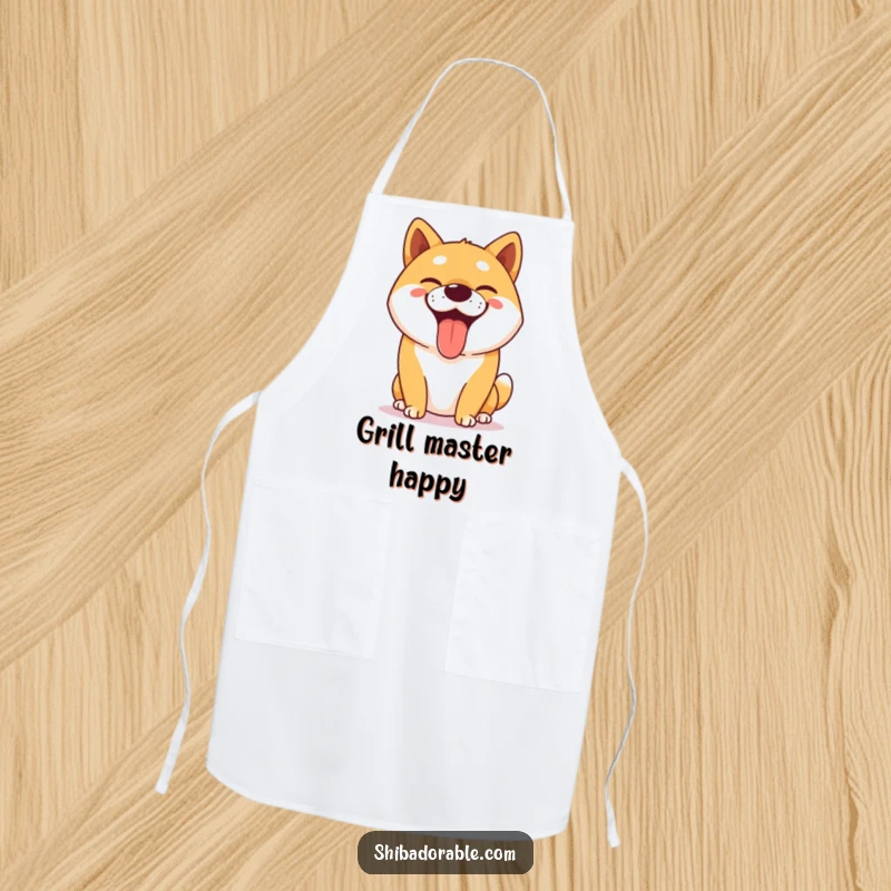 Funny Shiba Inu apron depicting a happy dog panting with a big, goofy grin, ideal humorous kitchen wear.