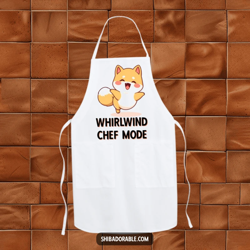 Funny happy Shiba Inu apron with a dog playfully chasing its tail in a circle, ideal for a fun cooking experience.