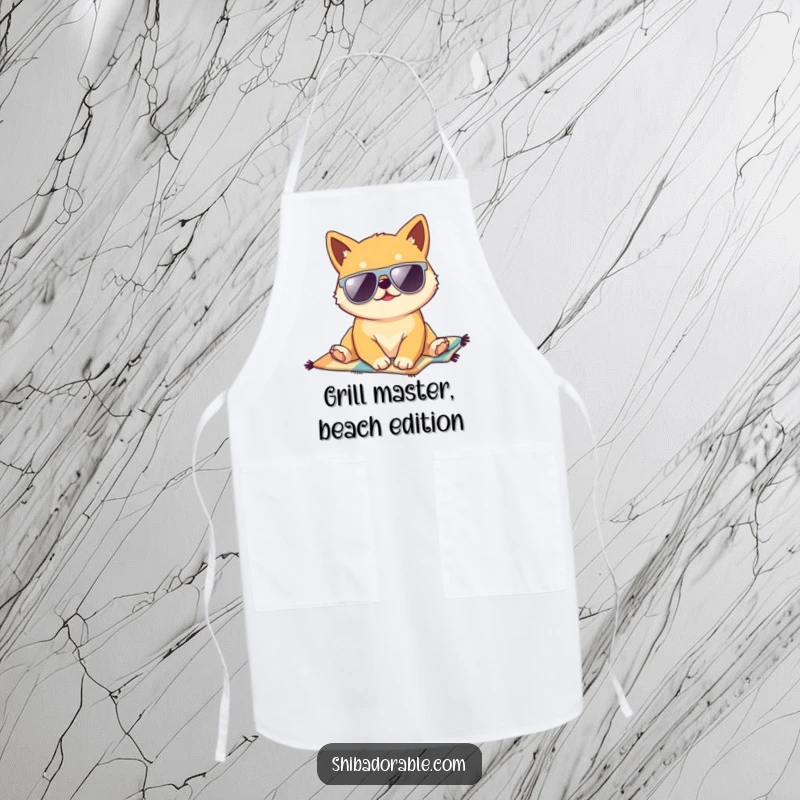 Funny Kawaii Shiba Inu puppy lounging on a beach towel, wearing sunglasses, a culinary apron for a humorous kitchen experience.