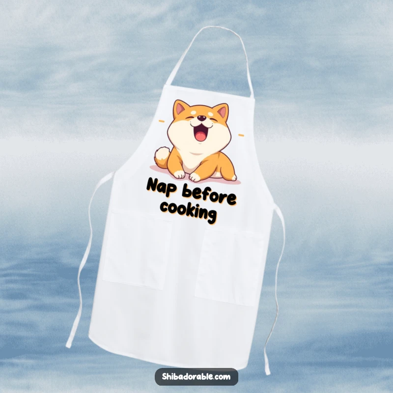 Funny apron showcasing a yawning Shiba Inu stretching lazily in a sunbeam, adding humor and relaxation to kitchen activities.