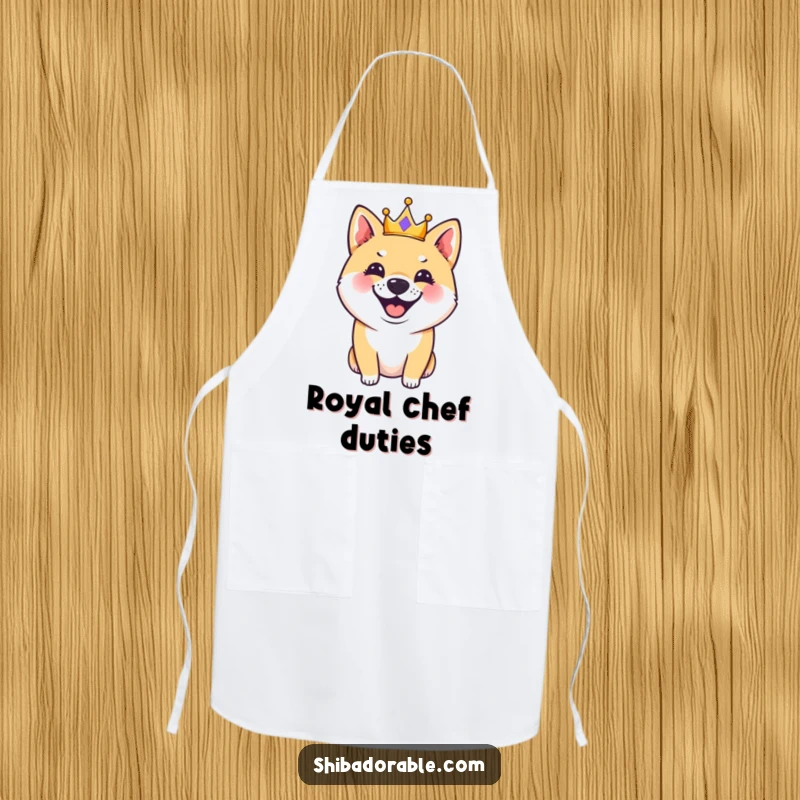 Funny Shiba Inu dog wearing a crown, barking enthusiastically, on a kitchen apron, ready for cooking and comedic adventures.