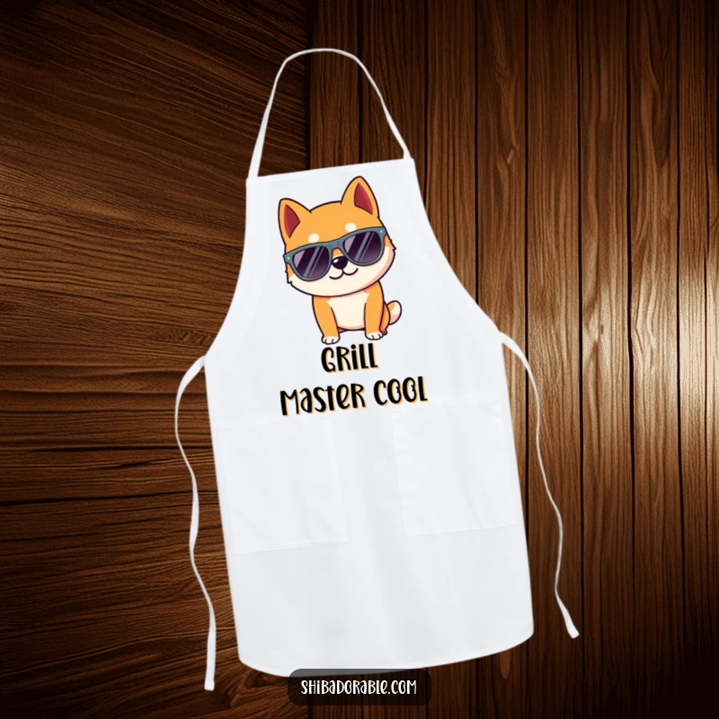 Funny Shiba Inu dog wearing oversized sunglasses, posing coolly, ready for the kitchen. A protective apron.