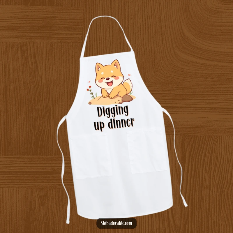 Funny Shiba Inu Apron: A Shiba Inu joyfully digs for imaginary treasure, a hilarious and practical kitchen accessory.