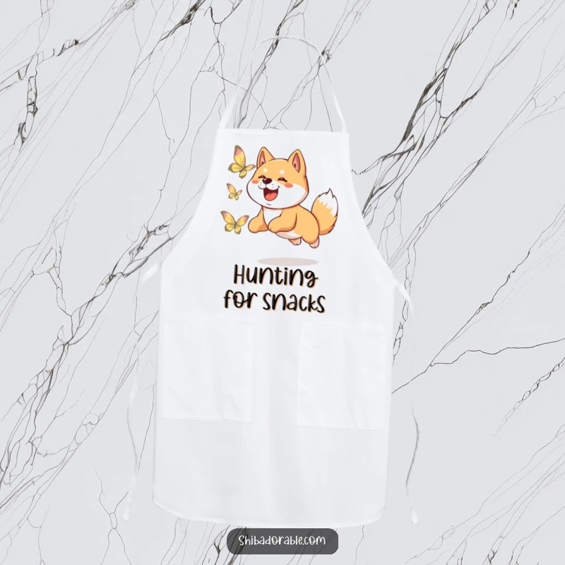 Funny Shiba Inu apron showing a happy dog leaping to catch a shimmering butterfly, perfect for adding fun to kitchen tasks.