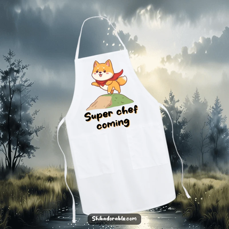 Funny Shiba Inu apron showing a dog in a cape comically attempting to fly from a small hill, ready for kitchen missions.