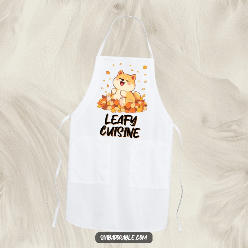 Funny Shiba Inu Apron: A Shiba Inu joyfully rolls in a pile of colorful autumn leaves, ready for culinary fun.