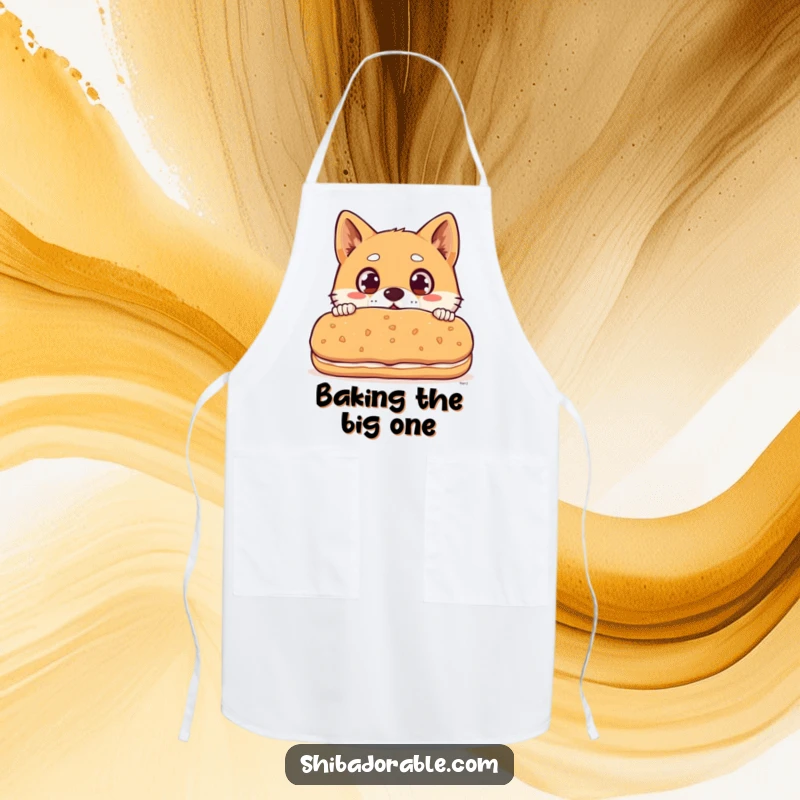 Funny Shiba Inu dog with wide surprised eyes peeking over a giant biscuit, a humorous and practical kitchen apron.
