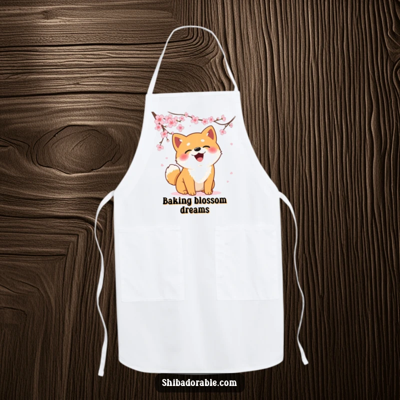 Funny Shiba Inu apron showing a dog comically catching falling cherry blossoms, perfect for cooking with humor.