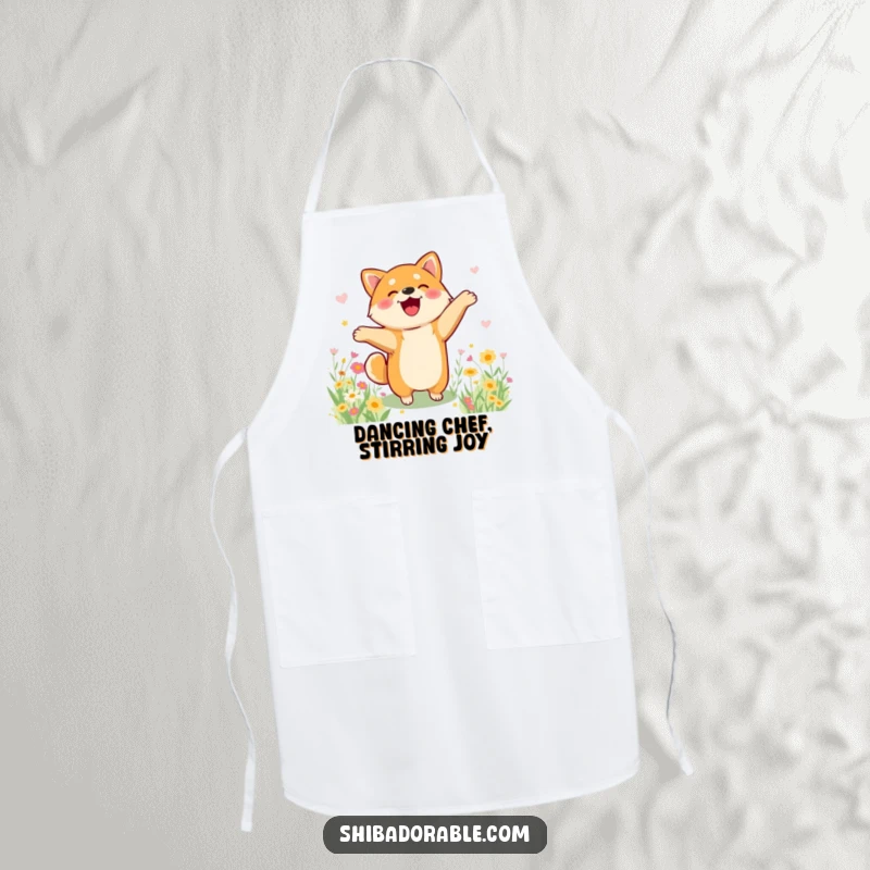 Funny Shiba Inu apron depicting a dog doing a happy dance in a flower field, perfect for cheerful cooking.