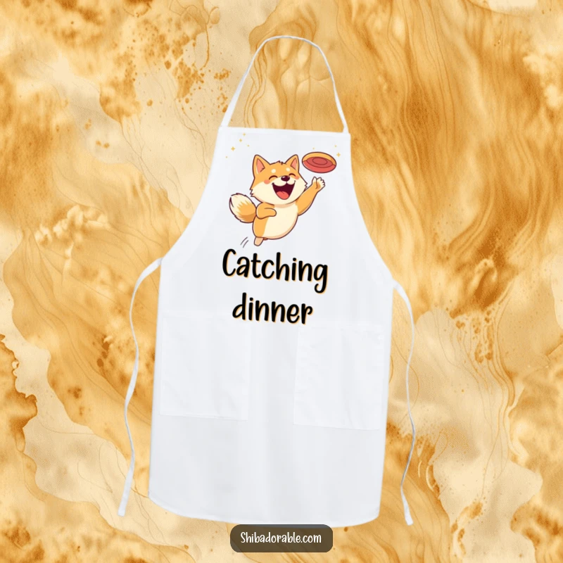 Funny apron featuring a Shiba Inu with a huge grin, leaping energetically to catch a flying disc, ready for kitchen fun.