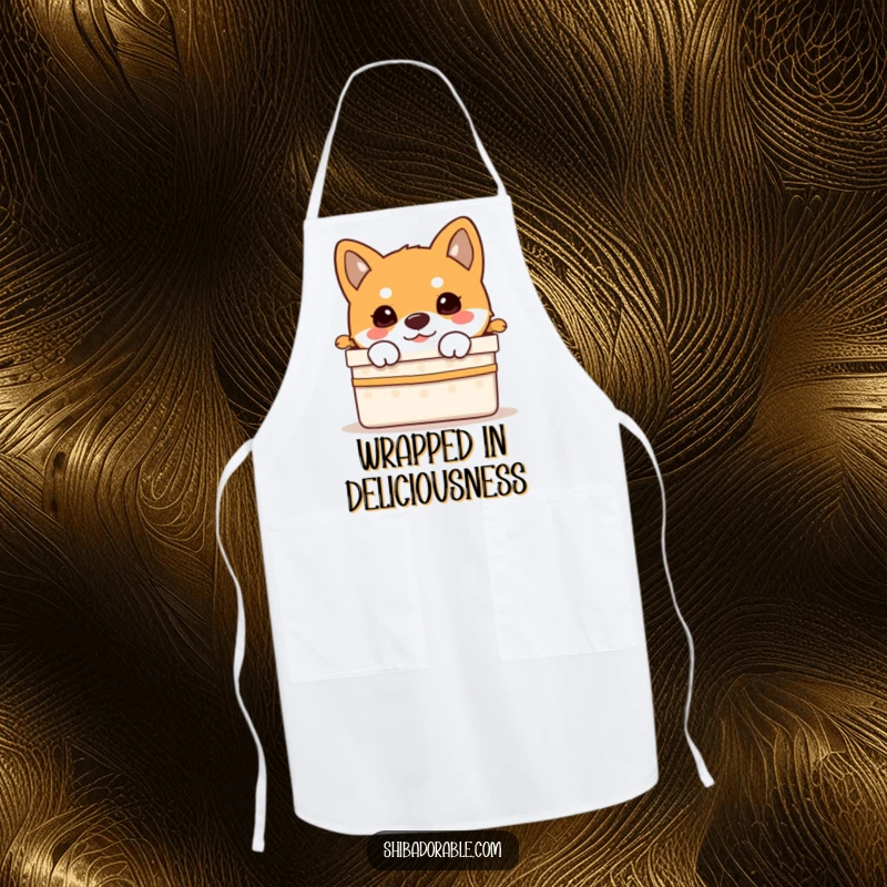 Funny Shiba Inu puppy peeking curiously from a gift box, designed on a practical and amusing kitchen apron.