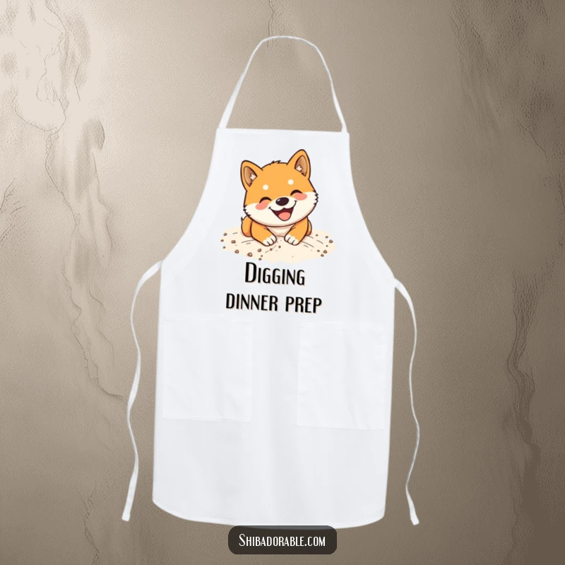 Funny Shiba Inu Apron: Durable kitchen wear depicting a joyful dog digging enthusiastically in soft sand.