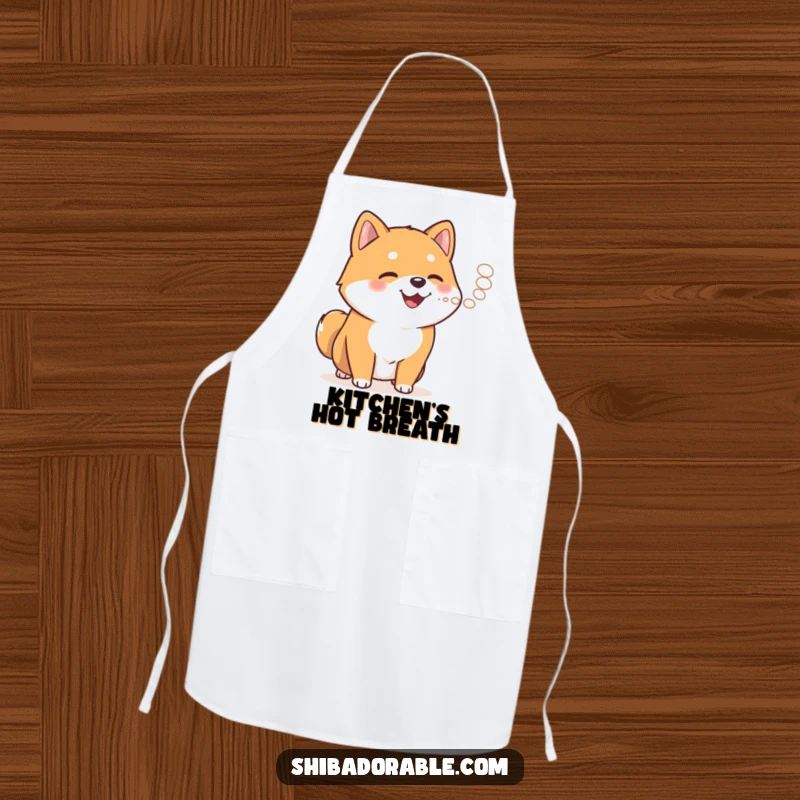 Funny Shiba Inu exhaling steam on a cooking apron, adding humor and charm to meal preparation.