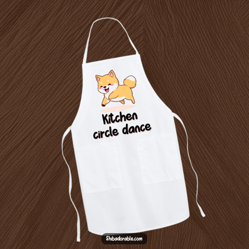 Funny Shiba Inu dog spinning in a circle, playfully chasing its tail, designed on a practical and amusing kitchen apron.
