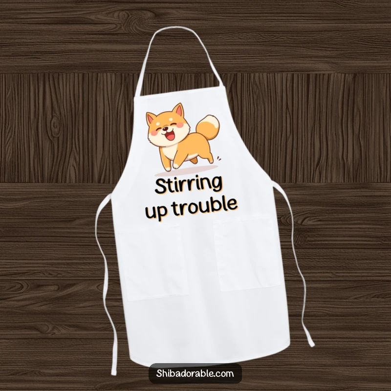 Funny Shiba Inu dog comically chasing its wagging tail, a humorous and practical kitchen apron for chefs.