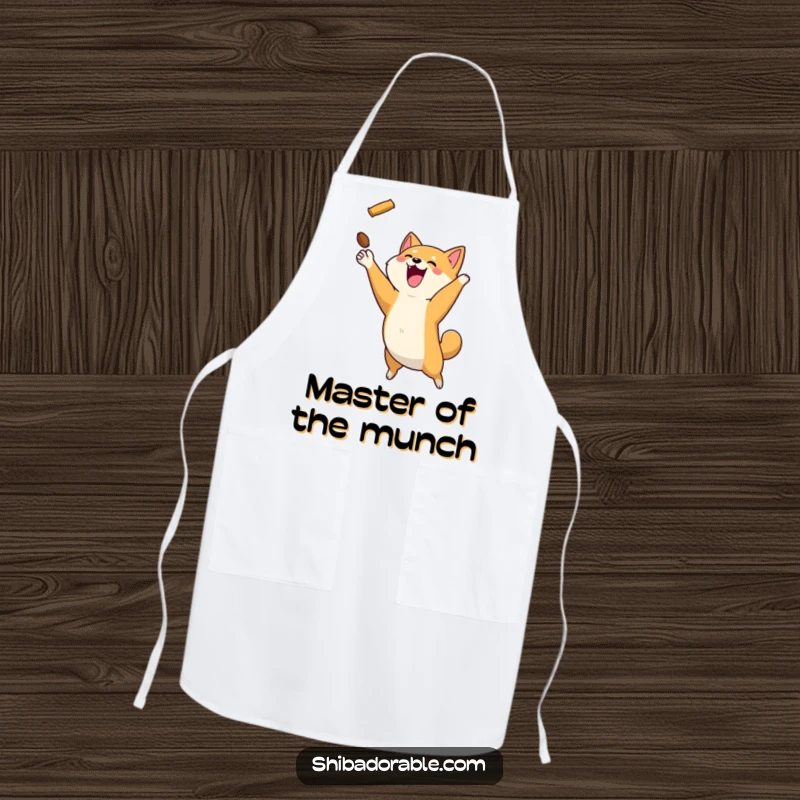 Funny Shiba Inu dog mid-leap, catching a flying treat, designed on a practical and amusing kitchen apron.