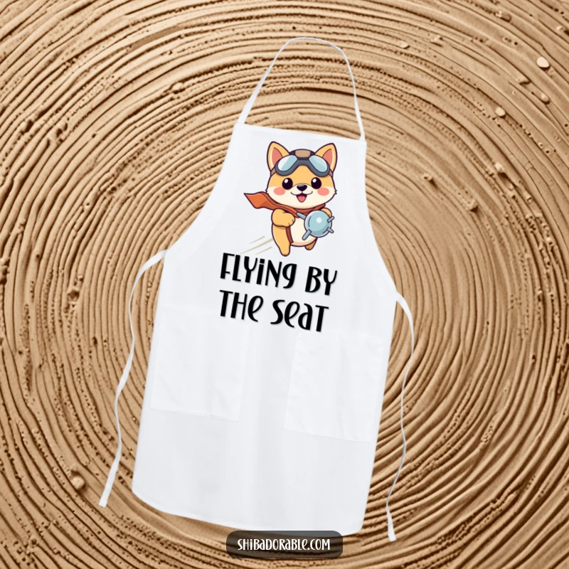 Funny Shiba Inu puppy in chef-style pilot hat, holding a whisk, ready to cook. A protective apron.
