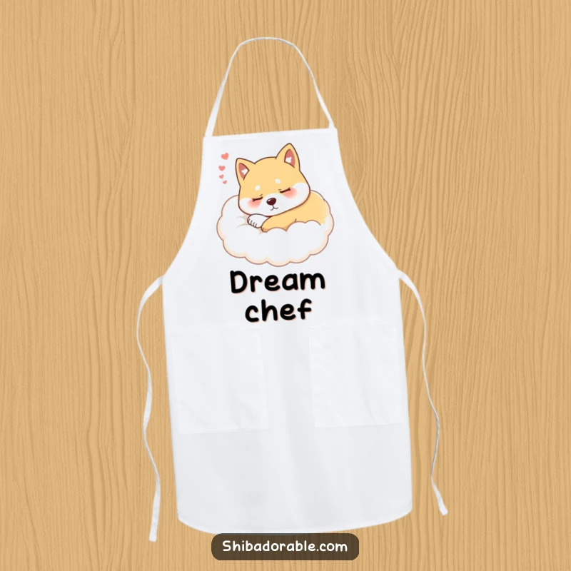 Funny Shiba Inu Cloud Apron showing a content, sleepy Shiba Inu dog relaxing on a fluffy cloud, perfect for culinary dreams.
