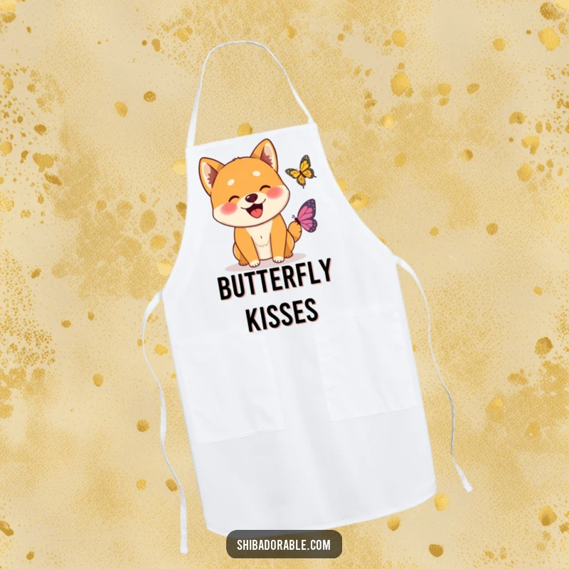 Funny Wagging Shiba Inu Butterfly Apron showing an excited Shiba Inu dog greeting a friendly butterfly, perfect for a joyful cook.