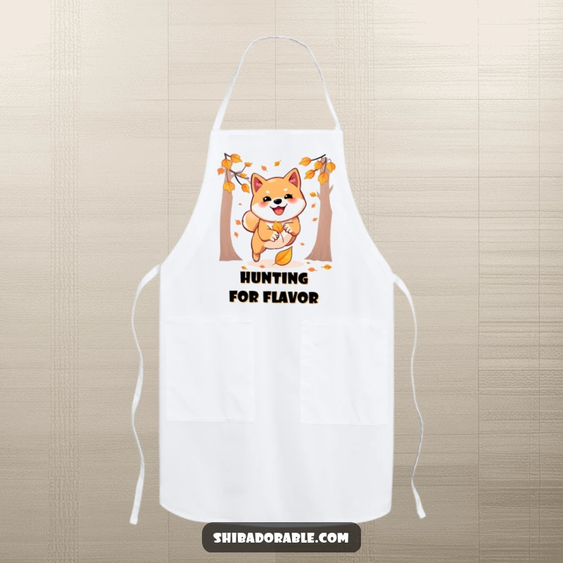 Funny apron featuring a Shiba Inu playfully pouncing on an autumn leaf, adding a touch of seasonal fun to kitchen wear.