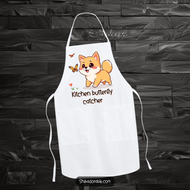 Funny Shiba Inu Apron: A curious Shiba Inu with wide eyes chases a butterfly, a hilarious and practical kitchen accessory.