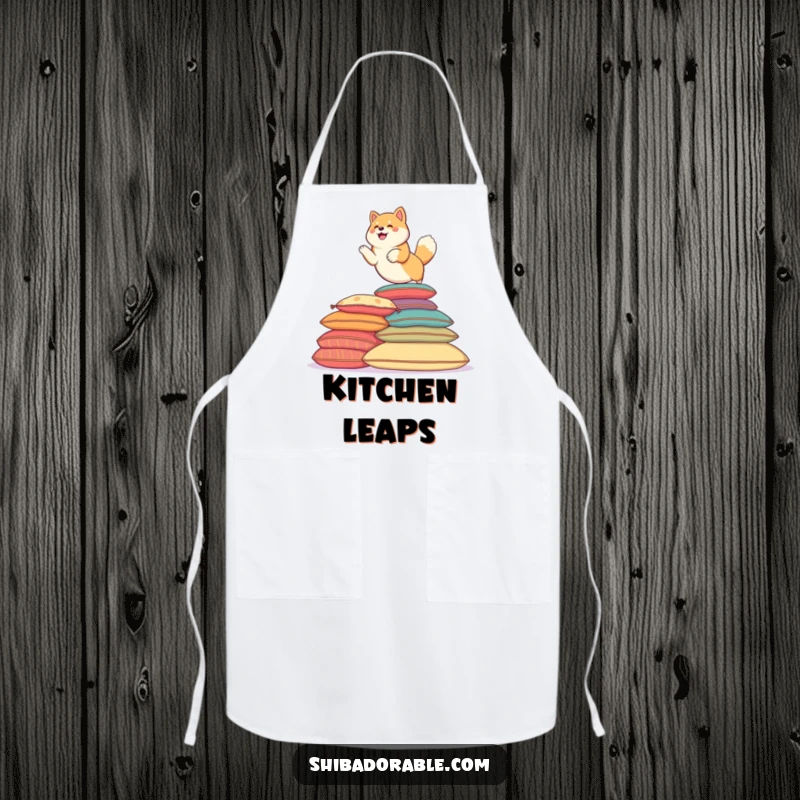 Funny Shiba Inu dog playfully leaping over colorful cushions, ready for chores. A protective apron.