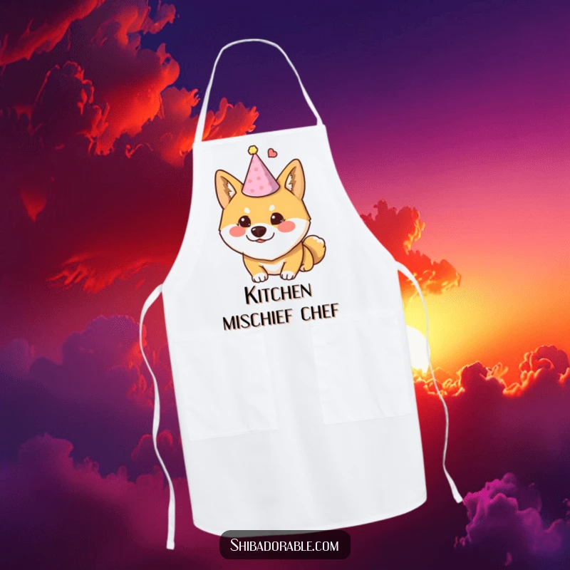 Funny Shiba Inu apron depicting a dog wearing a tiny party hat and looking mischievous, ideal humorous kitchen wear.