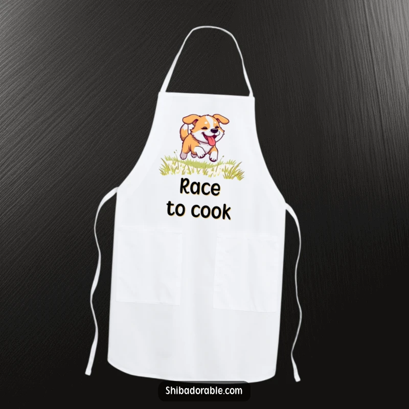 Funny dog apron showing a dog racing across a grassy field, legs kicking and tongue panting, adding humor to cooking.