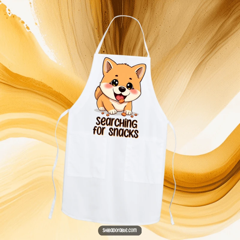 Funny apron showcasing a Shiba Inu with wide eyes in delightful surprise as it discovers a hidden treat, ready for kitchen duty.