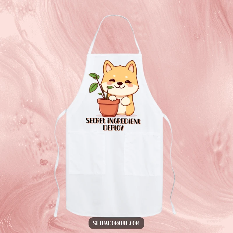 Funny Shiba Inu apron showing a dog with a mischievous grin peeking from behind a potted plant, ready for kitchen fun.